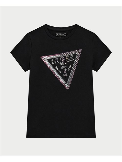 T-shirt Guess per bambine con logo triangolo con paillettes GUESS | J5RI12-K6YW4JBLK